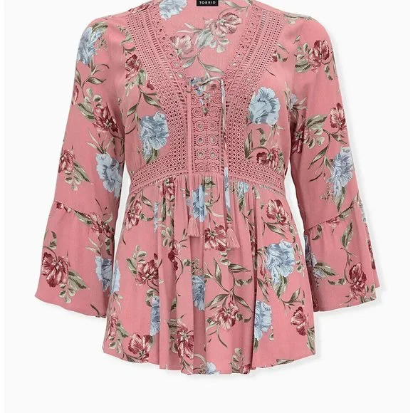 Torrid Dusty Coral Floral Crinkle Gauze Crochet Babydoll Top Size 3 3X H13239 - Picture 11 of 12